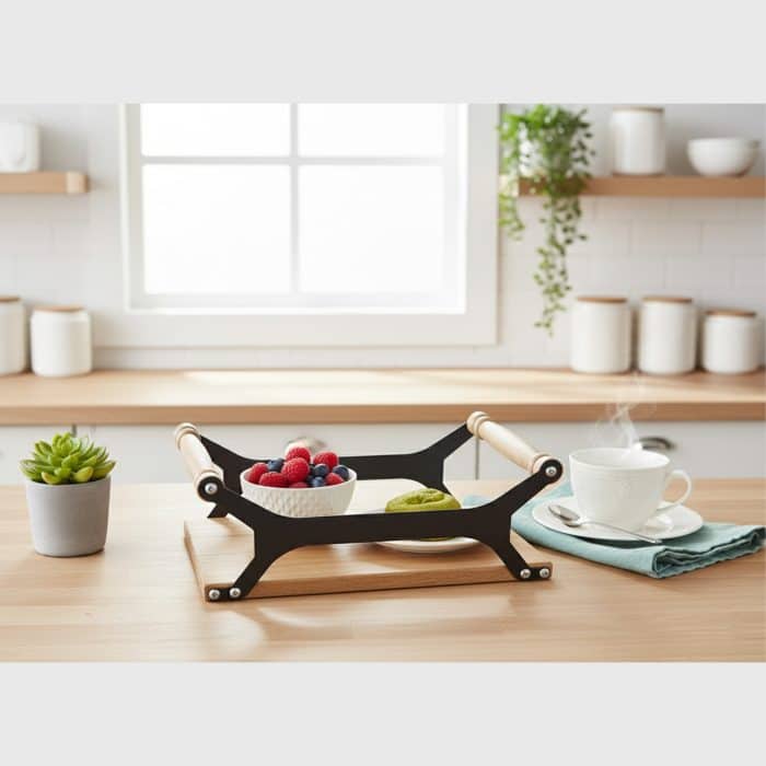 سینی صبحانه پایه‌دار فلزی مشکی برای سرو میوه و چای در آشپزخانه