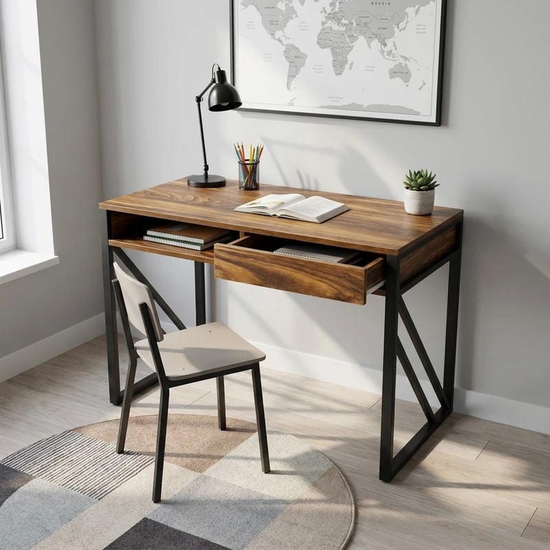mero-writing-desk-front میز تحریر آغاج مدل MERO با پایه فلزی و طراحی چوب و فلز